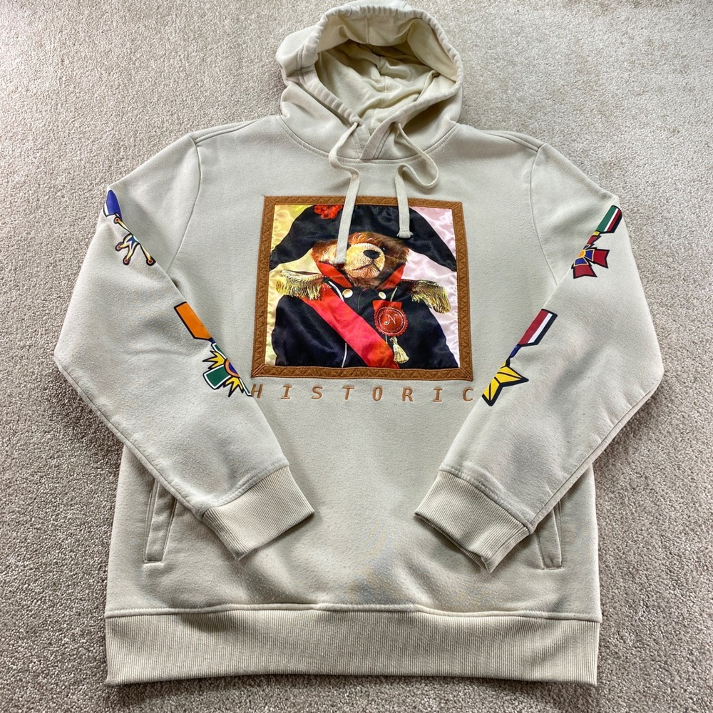 Rebel Minds Hoodie Mens Large Cream‎ Historic Napoleon Bear Graphic Sweatshirt